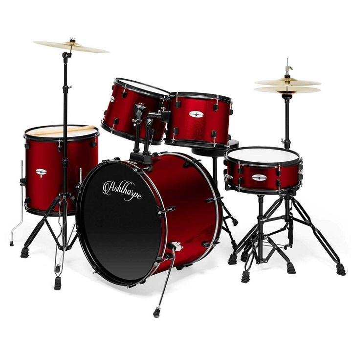 ashthorpe-5-Piece Complete Full Size Adult Drum Set with Remo Batter Heads – Red