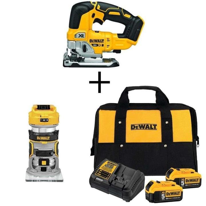 dewalt-20-Volt MAX XR Cordless Brushless Jigsaw with Brushless Router & (2) 20-Volt 5.0Ah Batteries