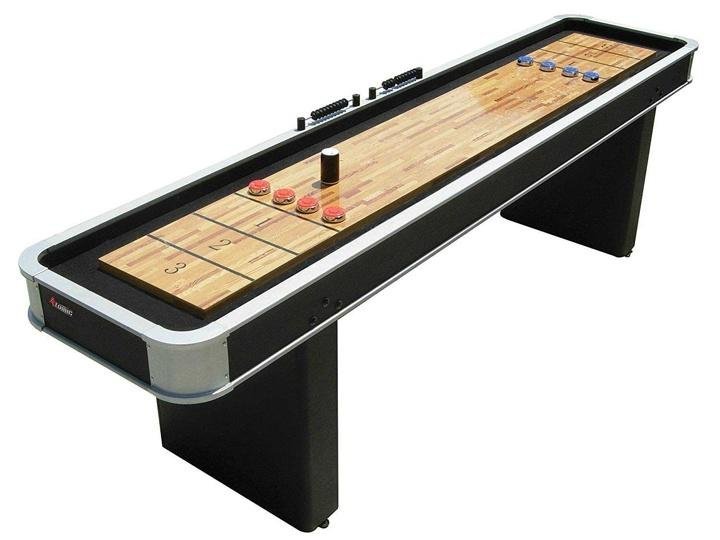 atomic-9＊-platinum-Shuffleboard Table with Poly-coated Playing Surface for Smooth Fast Puck Action and Pedestal Legs with Levelers for Optimum Stability and Level Play