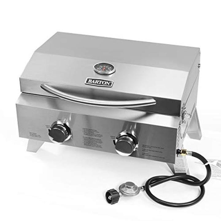 barton-Two-Burner Propane Tabletop Gas Grill Stainless Steel BBQ with Foldable Leg, 20000 BTU, Stainless Steel