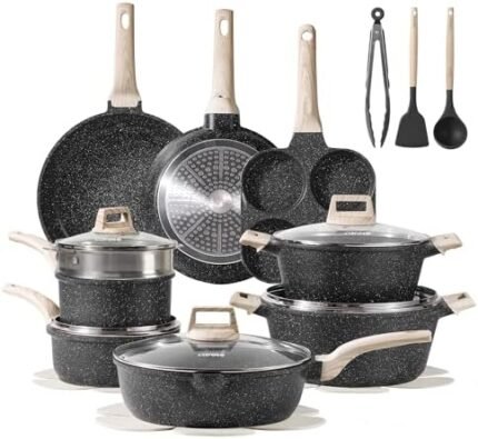 21pcs Pots and Pans Set Nonstick, Cookware Set Black Granite Induction Kitchen Cooking Set w/Frying Pans & Saucepans