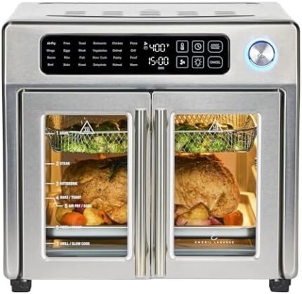 Extra Large French Door Air Fryer Toaster Oven Combo, 24 Cooking Functions and Digital Controls, 7 Accessories Included, Stainless Steel Finish, 26QT Capacity