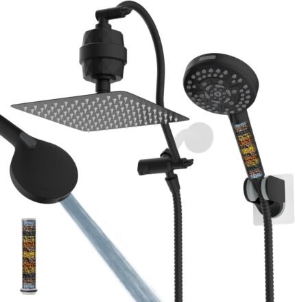 All Metal 12'' Dual Filtered Rainfall Shower Head Combo, High Pressure Handheld Shower Head with 12'' Adjustable Curved Extension Arm, 20 Stage Shower Filter, 10-spray, 71'' Hose, Matte Black