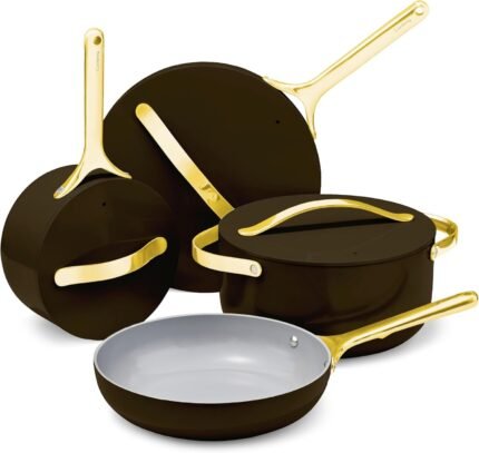 Non-stick Ceramic Cookware Set (12 Piece) Pots, Pans, Lids and Kitchen Storage - PFAS & PFOA Free - Oven Safe Pan Set & Compatible with All Stovetops - Black