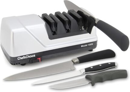 Professional Electric Knife Sharpener with 100-Percent Diamond Abrasives and Precision Angle Guides for Straight Edge and Serrated Knives, 3-Stage, Gray