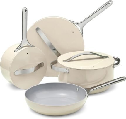 Non-stick Ceramic Cookware Set (12 Piece) Pots, Pans, Lids and Kitchen Storage - PFAS & PFOA Free - Oven Safe Pan Set & Compatible with All Stovetops - Cream