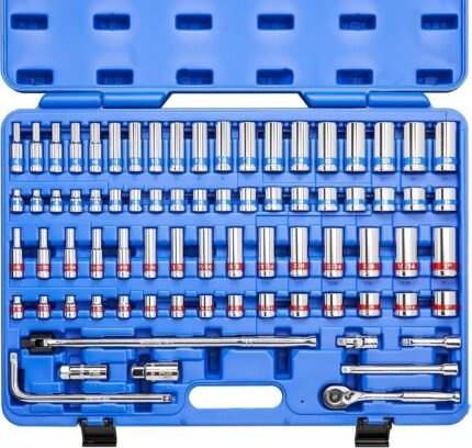 3/8-Inch-Drive Colored Mechanics Tool Ratchet, Socket Set, 76-Piece Standard and Deep SAE Sizes 1/4" to 1" Metric Sizes 6 mm to 24 mm Made with CrV Steel for Auto Repair