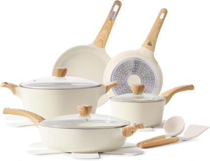 14-Piece Ceramic Nonstick Cookware Set Induction Compatible Non-Toxic Ceramic White