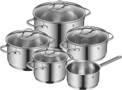 5-Piece Stainless Steel Cookware Set Silver Polished Induction Compatible Oven Dishwasher Safe