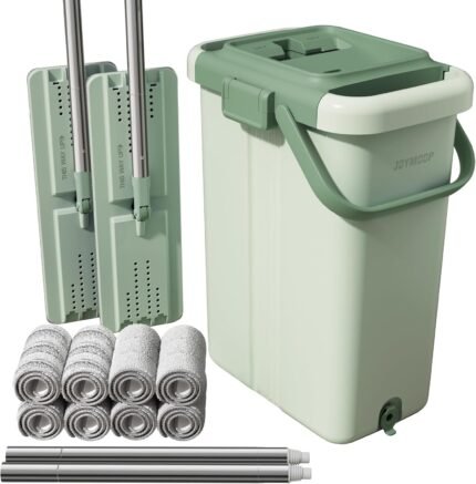 Mop and Bucket with Wringer Set for Floor Cleaning and Wall Cleaner, Flat Mop and Bucket System Set with 2 Mops and 8 Large Microfiber Pads - Green