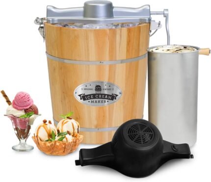Old Fashioned 4 Quart Vintage Wood Bucket Electric Ice Cream Maker Machine Appalachian, *Bonus Classic Die-Cast Hand Crank for Churning, Uses Ice and Rock Salt Churns Ice Cream in Minute