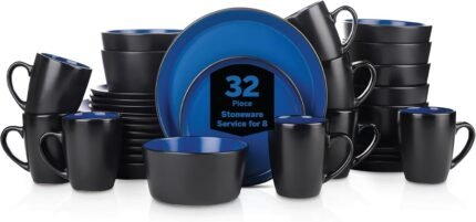 32 Piece Stoneware Dinnerware Set Service for 8 Blue and Black Matte Microwave Dishwasher Safe