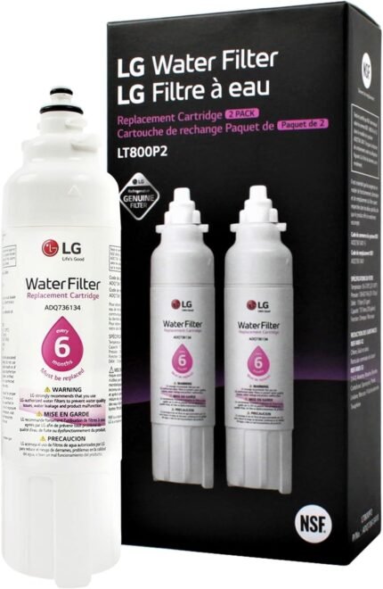 2-pack refrigerator water filters, reduces impurities, 6-month/200-gallon lifespan, tool-free twist-lock installation