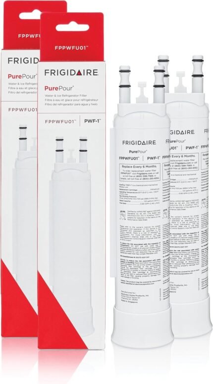 2-pack refrigerator water filters, reduces impurities, 6-month/200-gallon lifespan, tool-free installation