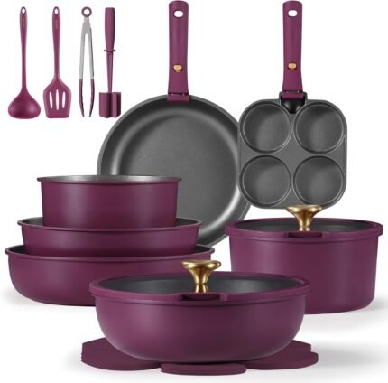 21-Piece Nonstick Cookware Set Detachable Handle Induction Compatible Gold Ultra Violet