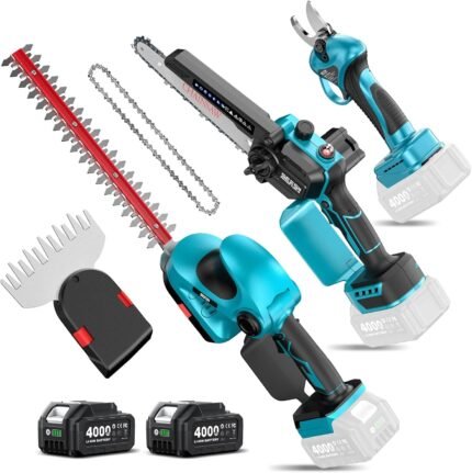 Electric Chainsaw Trimmer Pruner: 3-in-1 Cordless Chainsaw, Hedge Trimmer, Pruning Shears with 2× Rechargeable 4000mAh Batteries, Garden Tool Kit for Tree Trimming and Branch Cutting