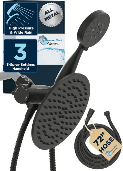 Dual Shower Head Combo, 8-Inch Rainfall + 3-Spray Handheld, Matte Black High Pressure