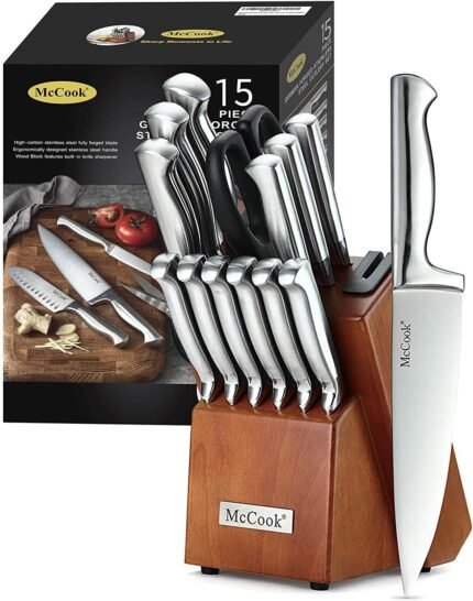 15-Piece Kitchen Knife Block Set German High-Carbon Stainless Steel Built-in Sharpener