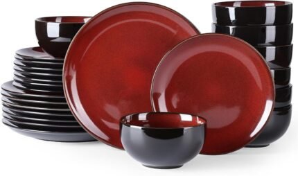 24-Piece Ceramic Dinnerware Set for 8 Red Reactive Glaze Chip Scratch Resistant Microwave Oven Dishwasher Safe