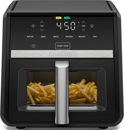 9QT 6-in-1 Air Fryer, 450°F Max Temp, Turbo Air Flow, View Window, Dishwasher Safe Nonstick Basket, 1750W, Matte Black