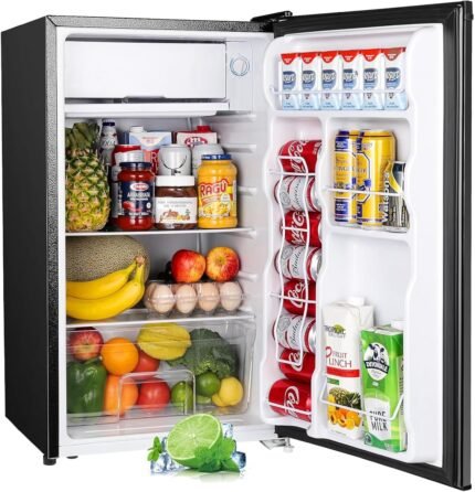 3.2 Cu.Ft Mini Fridge with Freezer Single Door Adjustable Thermostat Compact for Small Spaces Black