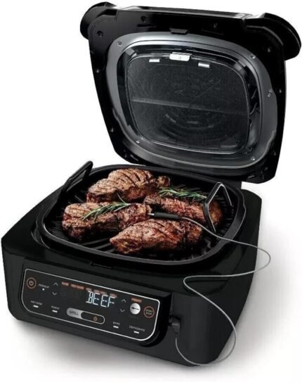 5-in-1 4QT Indoor Grill Air Fryer, Integrated Smart Probe, 500°F Cyclonic Heating, Ceramic Stainless Steel, 1760W
