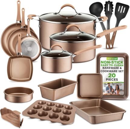 20-Piece Nonstick Induction Cookware Set PFAS-Free Shiny Golden with Bakeware & Utensils
