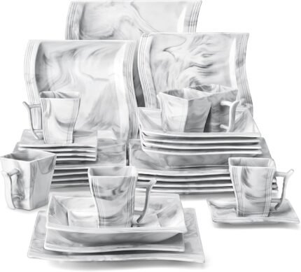 30 Piece Porcelain Dinnerware Set for 6 Marble Grey Square Wavy Design Microwave Dishwasher Safe
