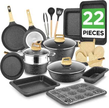 22-Piece Black Marble Non-Stick Cookware & Bakeware Set Induction Compatible Dishwasher Safe