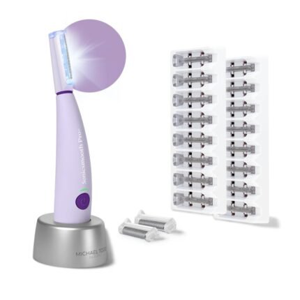 Dermaplane Razor for Women Face + Eyebrow Trimmer Dermaplaning System w/LED Light Peach Fuzz Remover -16 Dermaplaning Blades & 2 Microsmooth Exfoliation Tips