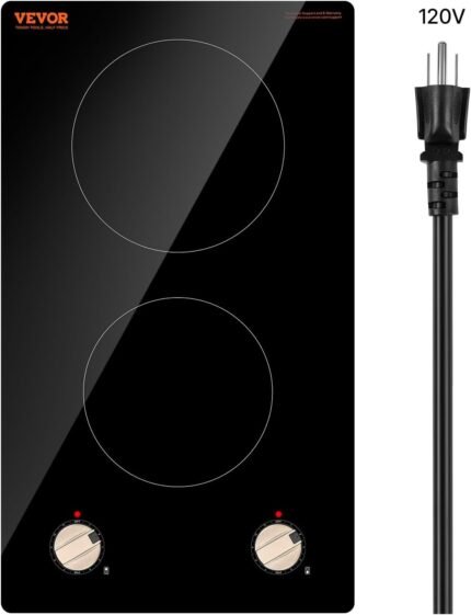 1800W Electric Countertop Burner, 2 Burner Knob Control Stove, Built-in Induction Cooktop with 12 Temperature Settings, Glass Surface, Auto Shut-Off