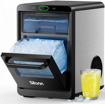 Nugget Ice Maker Countertop - 44lbs/24h Crushed/Pebble Ice Machine, Front Pull-Out Water Tank & Removable Basket, Stainless Steel Finish for Home Kitchen