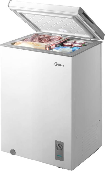 Chest Freezer, 3.5 Cubic Feet Freezer With Removable Basket, Interior LED Light, Adjustable Temperature, For Kitchen Apartment Office, White