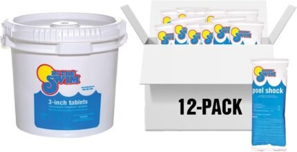 Chlorine and Shock Bundle for Sanitizing Swimming Pools – Includes 25 Pound Bucket of 3 Inch Stabilized Chlorine Tablets and 12 x 1 Pound Bags of 68% Cal-Hypo Pool Shock