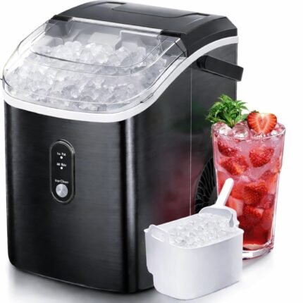 Nugget Ice Maker Countertop, 34 lbs/Day Pellet Ice Machine with Self-Cleaning, Fast Ice Ready in 10 Minutes, Portable Ice Maker with Handle for Home, Office, RV, Camping(Black)