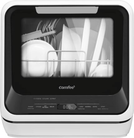 Portable Mini Dishwasher Countertop with 1.32Gal Built-in Water Tank for Apartments& RVs, No Hookup Needed, 6 Programs, 360° Dual Spray, 162℉ High-Temp& Air-Dry Function