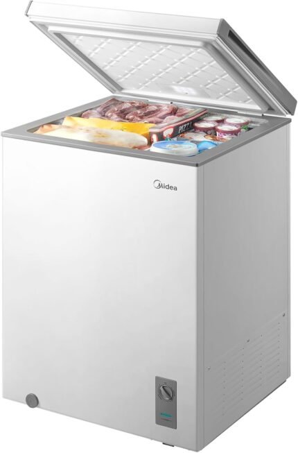 Chest Freezer, 5.1 Cubic Feet Freezer With Removable Basket, Interior LED Light, Adjustable Temperature, For Kitchen Apartment Office, White