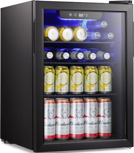 85 Can Mini Fridge Glass Door for Soda Beer Wine Stainless Steel Glass Door Small Drink Dispenser Digital Display for Home, Office Bar,2.4cu.ft