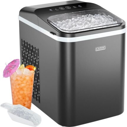 Compact Pebble Ice Machine, Countertop Nugget Ice Maker Produces Chewable Pellet Ice in 8 Minutes, Makes 26lbs/Day, One-Touch Cleaning Function with Ice Scoop/Basket Included – Black