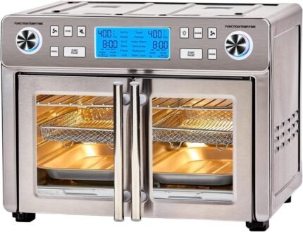 Dual Zone 360 Air Fryer Oven Combo with French Door, 25 QT Extra Large, Cook Two Foods in Different Ways, Up to 60% Faster from Frozen to Finish, Pizza Stone Accessory