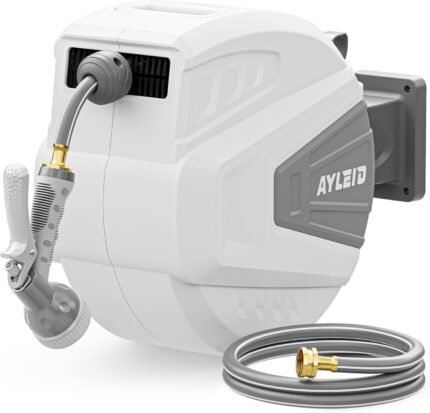 Retractable Garden Hose Reel,1/2 in x 100 ft Wall Mounted Hose Reel, with 9- Function Sprayer Nozzle, Any Length Lock/Slow Return System/Wall Mounted/180°Swivel Bracket (Gray)