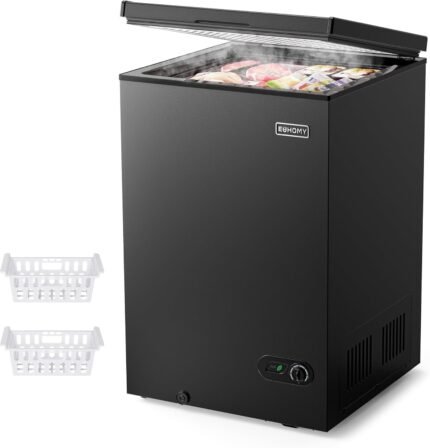 3.5 Cu.Ft Chest Freezer with Removable Basket, Small Deep Freezer Adjustable 7 Thermostat, Quiet Mini Freezer Free-Standing Top Door, Energy Saving for Apartment/Garage/Basement/Dorm/Home,Black