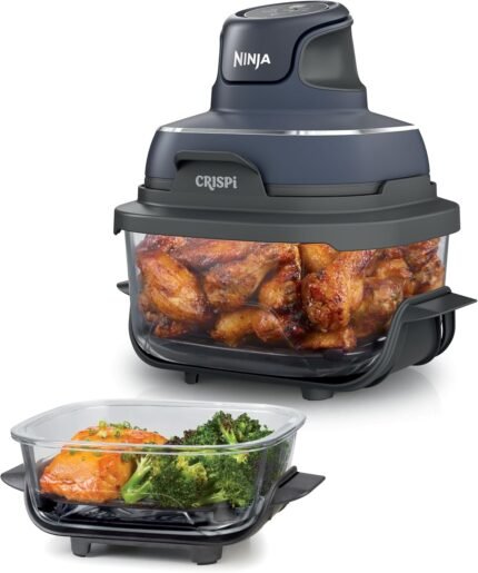 4-in-1 Glass Air Fryer | 450°F | Non-Toxic | 4QT & 6-Cup Glass Containers w/Lids | Microwave, Freezer, Dishwasher Safe | Max Crisp, Air Fry, Bake, Recrisp | Cyberspace Gray