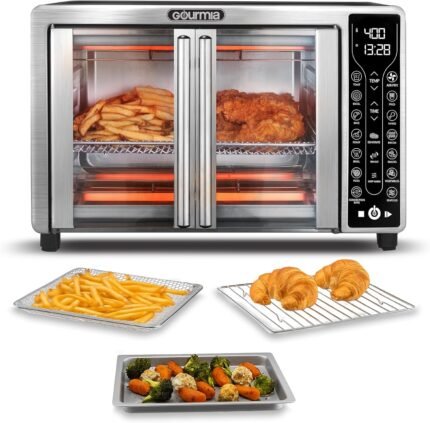 French Door Air Fryer – 25 Qt Large Capacity Convection Oven, Fryfroce 360°, Digital Display with 17 Cooking Presets, Bake, Toast, Roast, Dehydrate, Fits 12” Pizza