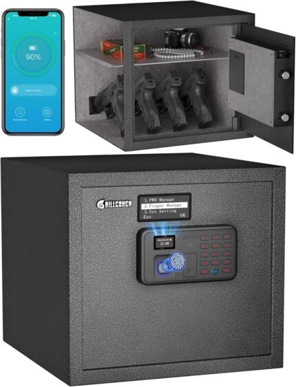 Automatic Lock Safe Box with LCD Display/Voice Guide, Quick Access Unlock with Fingerprint/Keypad/Key/App, Biometric Handgun Safe for Money Valuables