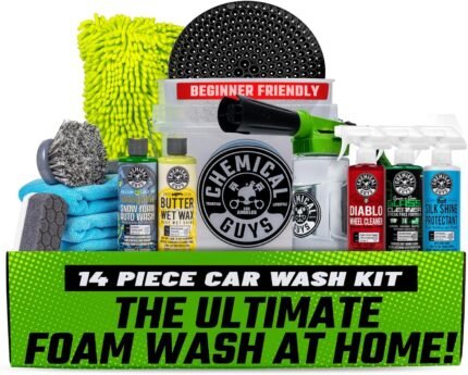 Car Wash Kit 14-Pc Arsenal Builder - with Foam Blaster, Wash Bucket, Towels, Applicators, and 16 oz Soaps, Waxes, and Cleaners, Works with Garden Hose
