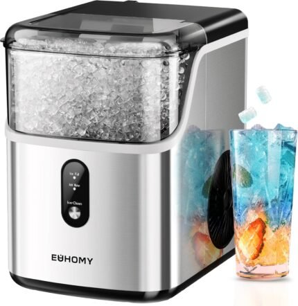 Nugget Ice Maker Countertop, Ready in 7 Mins, 34Lbs/24H Pebble Ice Maker Machine, Self-Cleaning Countertop Sonic Ice Makers with Ice Scoop&Basket, Pellet Ice Maker for Home, Stainless Steel