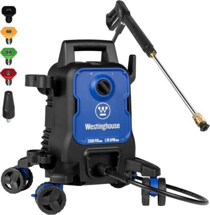Electric Pressure Washer, 2300 Max PSI 1.76 Max GPM with Anti-Tipping Technology, Onboard Soap Tank, Pro-Style Steel Wand, 5-Nozzle Set, for Cars/Fences/Driveways/Home/Patios